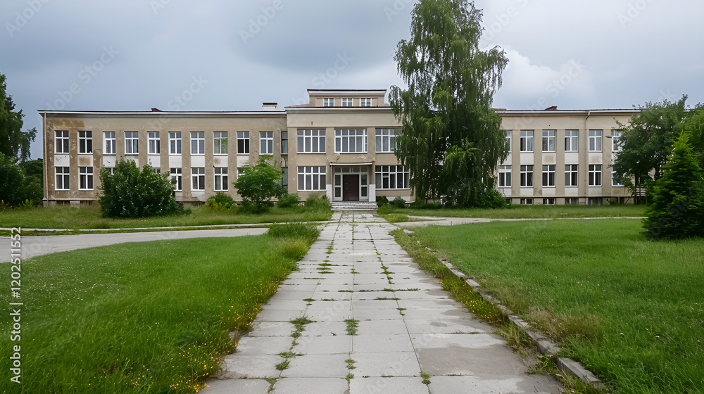 Fototapeta premium Abandoned school building with overgrown path and cloudy sky