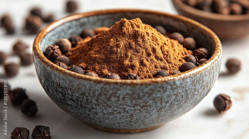 A small bowl of ground allspice, showcasing its fine texture and warm, aromatic aroma, perfect for culinary use. A small bowl of ground allspice, showcasing its fine texture and warm, aromatic aroma, perfect for culinary use.