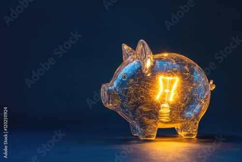Electric Light Bulb Inside Piggy Bank, Energy Saving Concept on Black Background