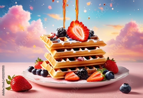 vibrant mid air scene delicious viennese waffles floating toppings syrup whimsical culinary presentation, food, pastry, dessert, cream, whipped, plate photo