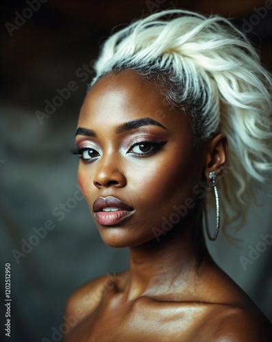 Professional beauty photography image featuring a young african american model with highlighted hair, extreme makeup and hairstyle, in a Victoria Secret set.