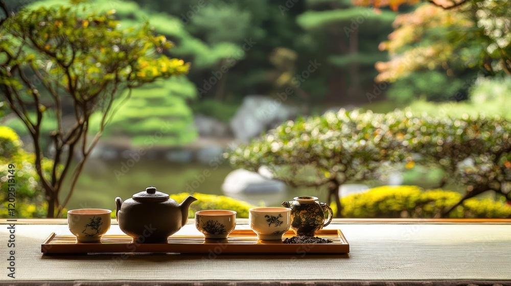Fototapeta premium Japanese tea set on a wooden tray, overlooking a serene garden with trees and a pond