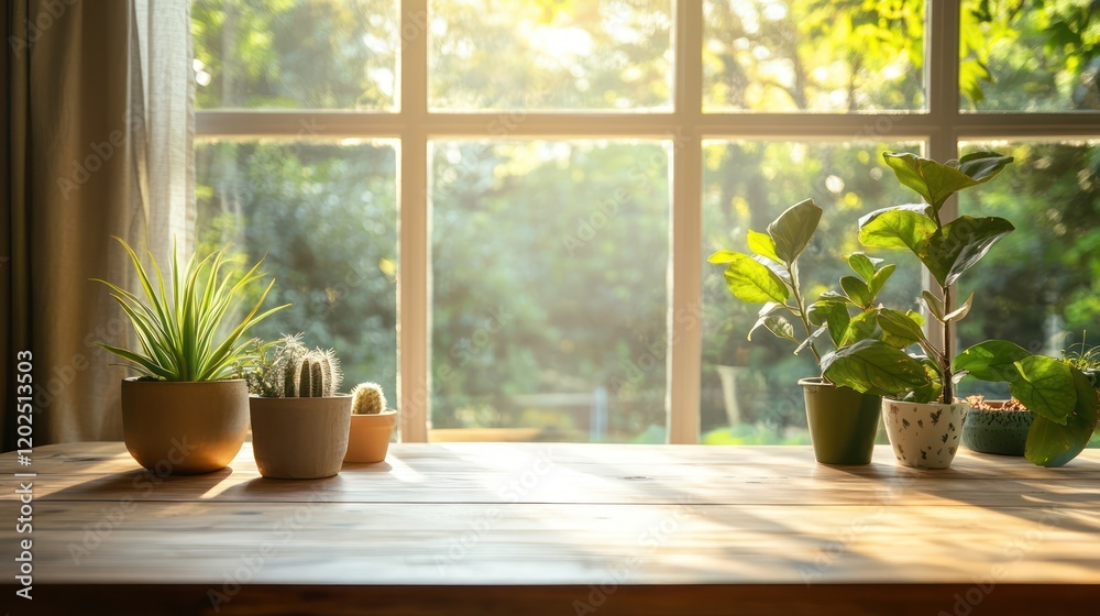 Sunlit Windowsill: A wooden windowsill bathed in warm morning light showcases a charming arrangement of potted plants, inviting a sense of peace and tranquility. Sunlit Windowsill: A wooden windowsill bathed in warm morning light showcases a charming arrangement of potted plants, inviting a sense of peace and tranquility.