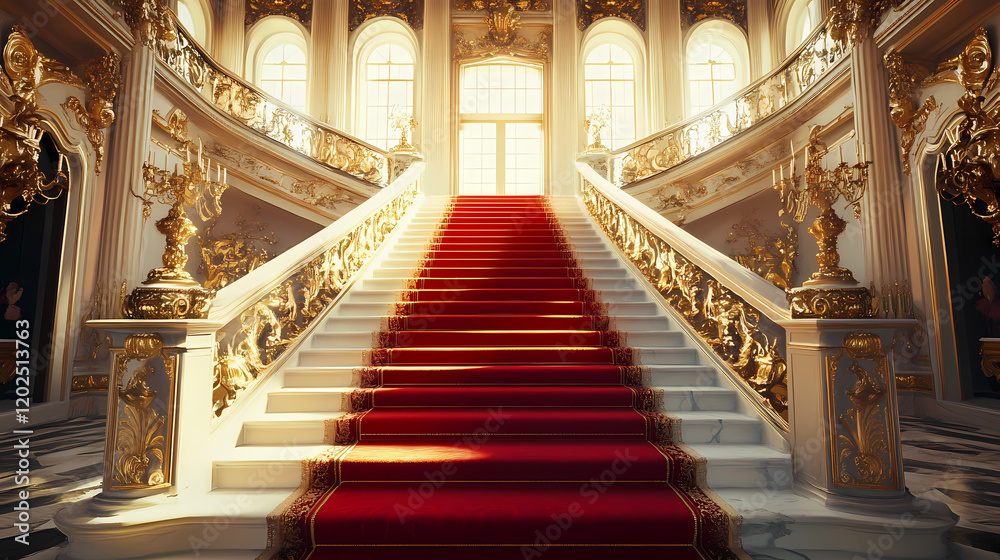 Grand ornate staircase with red carpet in a luxurious mansion. Ornate Palace Interior. Illustration Grand ornate staircase with red carpet in a luxurious mansion. Ornate Palace Interior. Illustration