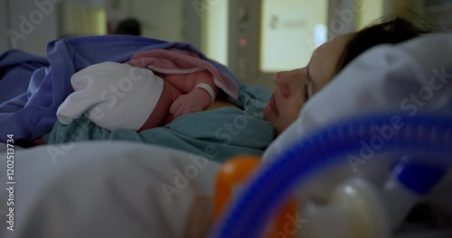 Video of postpartum mother and newborn baby in hospital bed photo