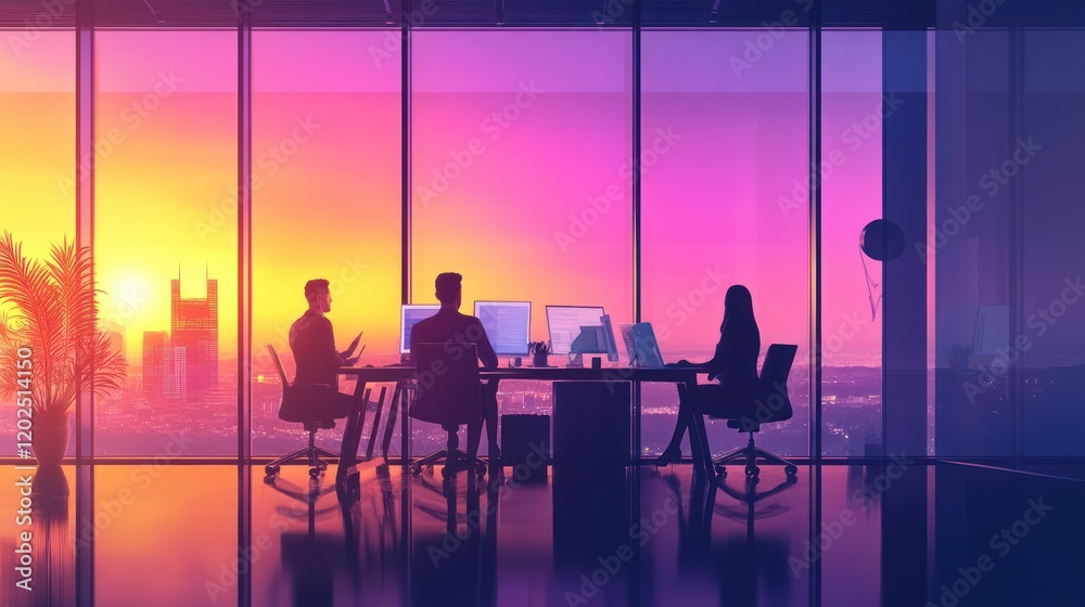 Sunset Brainstorm: Silhouetted business professionals collaborate in a modern office, overlooking a vibrant cityscape at sunset. Sunset Brainstorm: Silhouetted business professionals collaborate in a modern office, overlooking a vibrant cityscape at sunset.