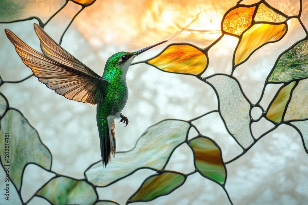 A vibrant hummingbird in flight, wings outstretched against a colorful stained-glass backdrop. A vibrant hummingbird in flight, wings outstretched against a colorful stained-glass backdrop.