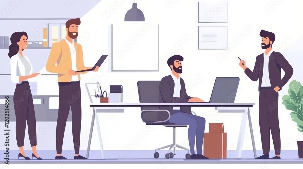 Modern Office Meeting: A diverse team of business professionals engage in a lively discussion in a contemporary office setting. Modern Office Meeting: A diverse team of business professionals engage in a lively discussion in a contemporary office setting.