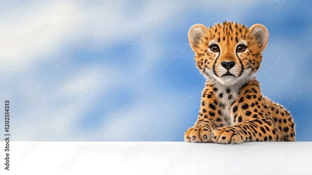 Fototapeta premium Adorable Cheetah Cub on Blue Sky Background