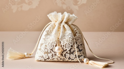 Decorative lace favor bag with pearl accents, ideal for formal events and gifts.