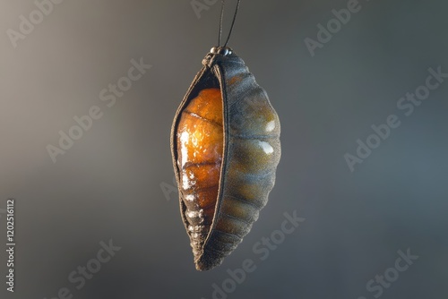 A butterfly chrysalis hangs, partially open, revealing the pupa inside, a transformative stage of metamorphosis.