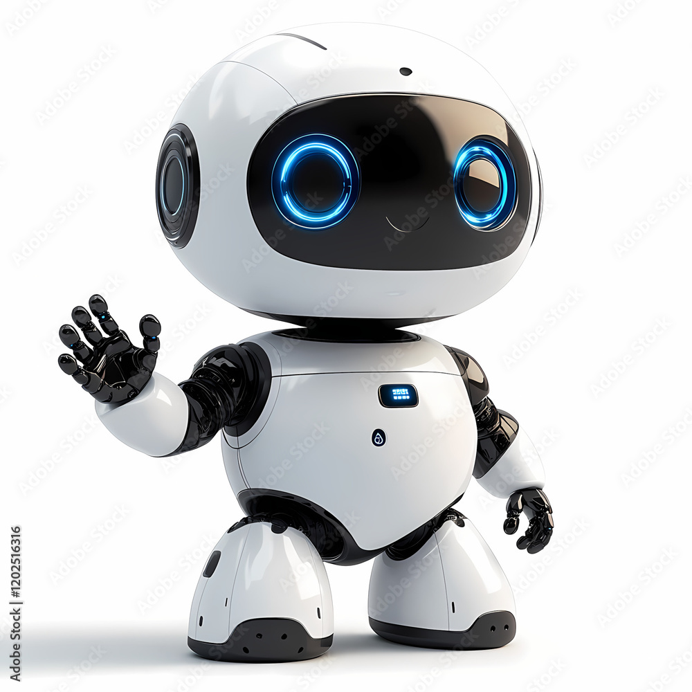 A lively animated robot with a friendly face and waving hand A lively animated robot with a friendly face and waving hand