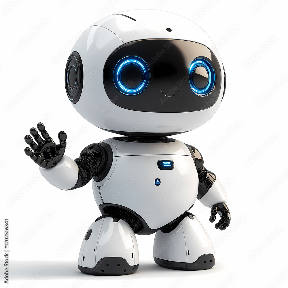 A lively animated robot with a friendly face and waving hand A lively animated robot with a friendly face and waving hand