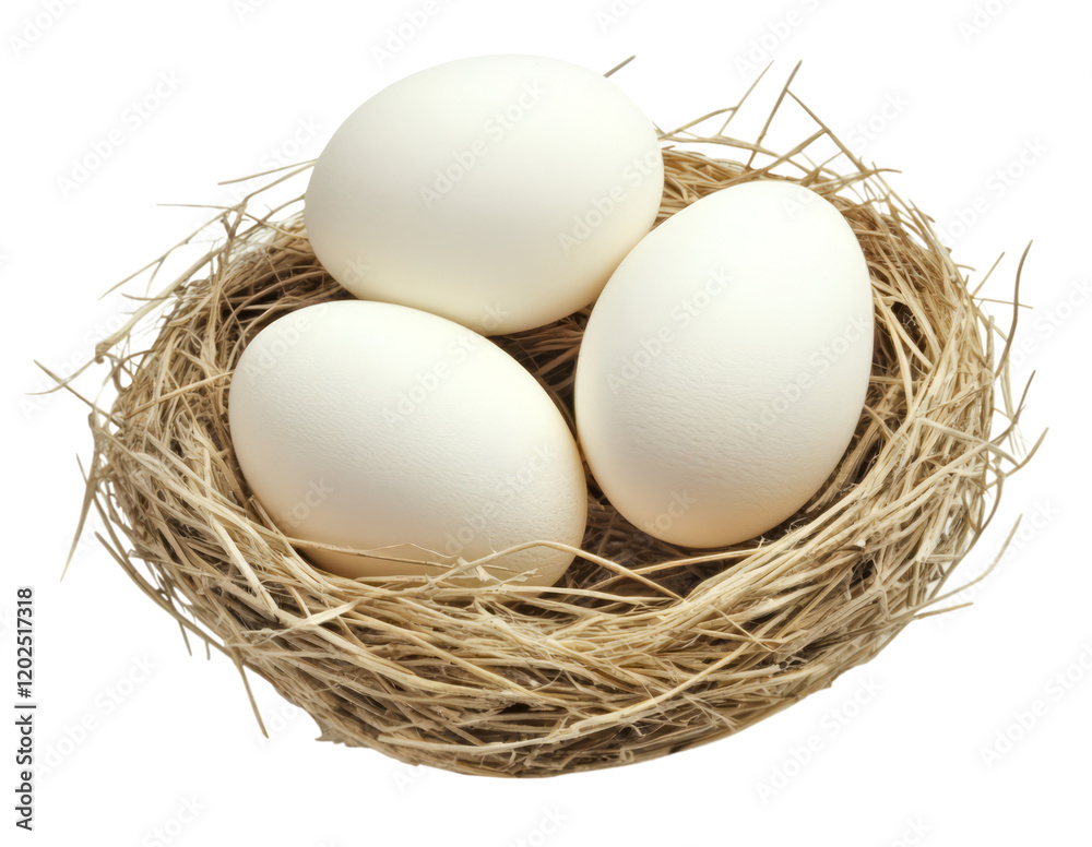 Chicken eggs in a straw nest. Eggs from organically farmed chickens isolated on white and transparent background Chicken eggs in a straw nest. Eggs from organically farmed chickens isolated on white and transparent background