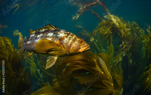Calico bass swimming in Kelp