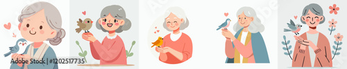 set of vector people senior with bird in hand