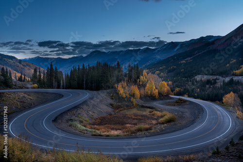 USA, Colorado, Uncompahgre National Forest. Mountain landscape and highway switchback.