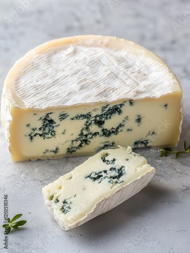 Slice of creamy blue cheese resting on parchment paper, Wedge of blue cheese on parchment paper, showing the creamy texture and blue veins
 photo