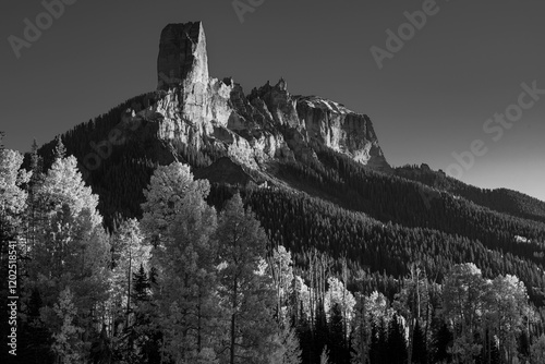 USA, Colorado, Uncompahgre National Forest. Chimney Rock at sunset.