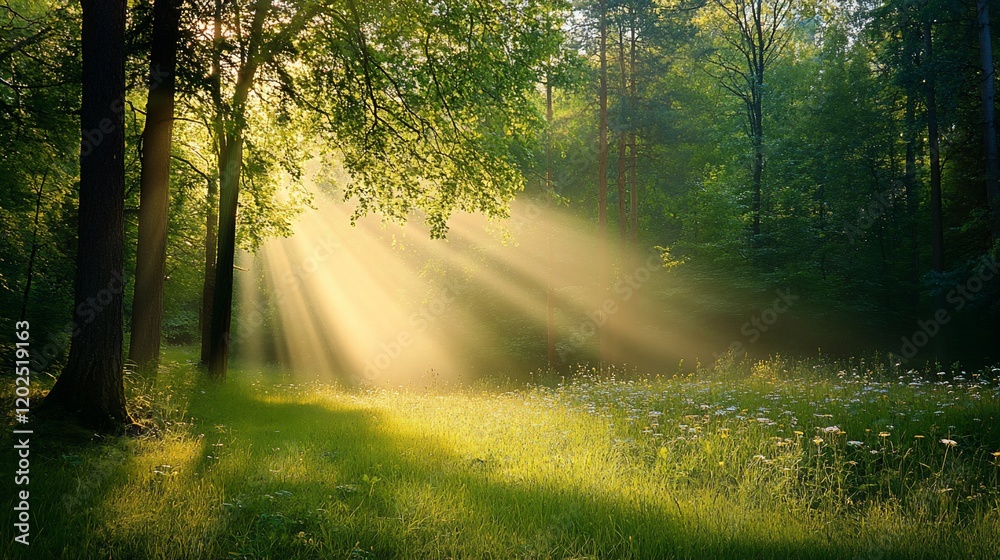 Naklejka premium Sunlight filters through the trees illuminating a lush meadow in the forest creating a beautiful landscape scene