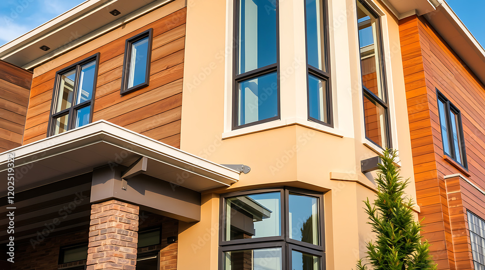 Modern House Exterior: Luxury Home Design and Architecture. Real Estate, Residential Property, Contemporary Style, Brick and Wood Facade, New Construction Modern House Exterior: Luxury Home Design and Architecture. Real Estate, Residential Property, Contemporary Style, Brick and Wood Facade, New Construction