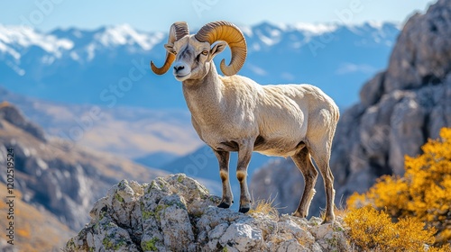 Majestic argali ram on mountain crag with snowy peaks