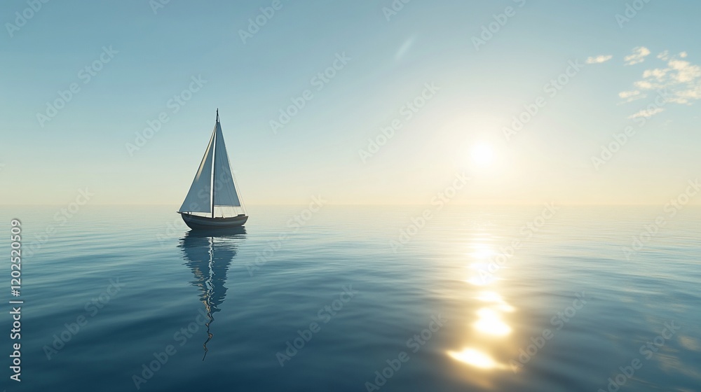 Fototapeta premium A lone sailboat gracefully sailing on calm waters at sunset providing peaceful and serene scenery