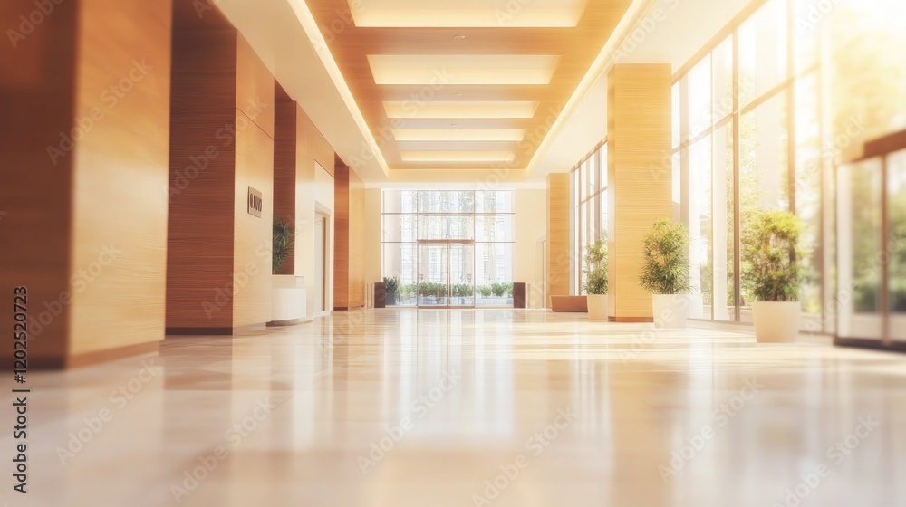 Fototapeta premium Modern Blurred Lobby Interior with Natural Light and Wood Design