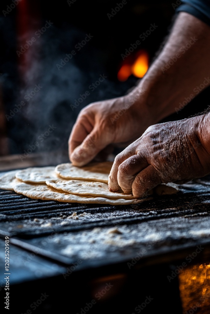 Chef preparing flatbreads on grill, fire in background, food preparation, restaurant use Chef preparing flatbreads on grill, fire in background, food preparation, restaurant use