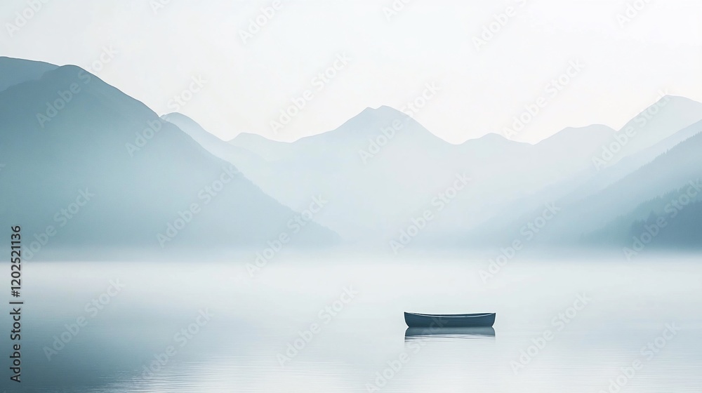 Obraz premium Solitary boat on misty lake surrounded by layered mountains with soft hazy blue tones