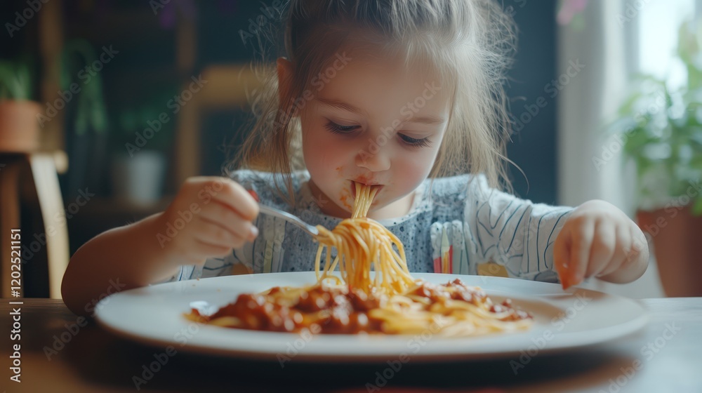 Little Chef: A captivating image of a toddler with sparkling eyes relishes a hearty plate of spaghetti, showcasing a delightful moment of childhood innocence and a love for good food. Little Chef: A captivating image of a toddler with sparkling eyes relishes a hearty plate of spaghetti, showcasing a delightful moment of childhood innocence and a love for good food.