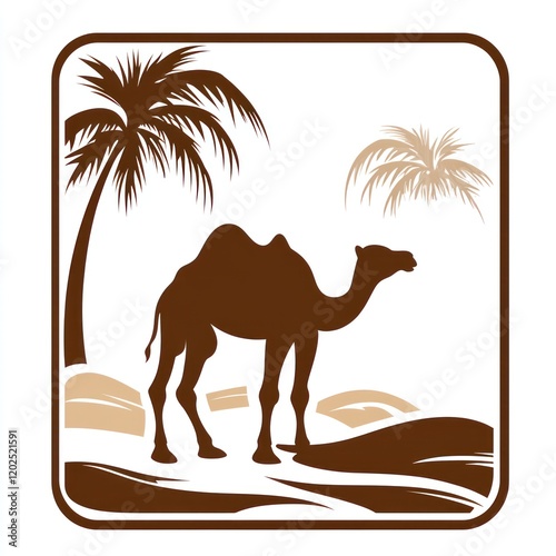 Camel walking in a desert with palm trees, possibly for a travel or nature logo photo