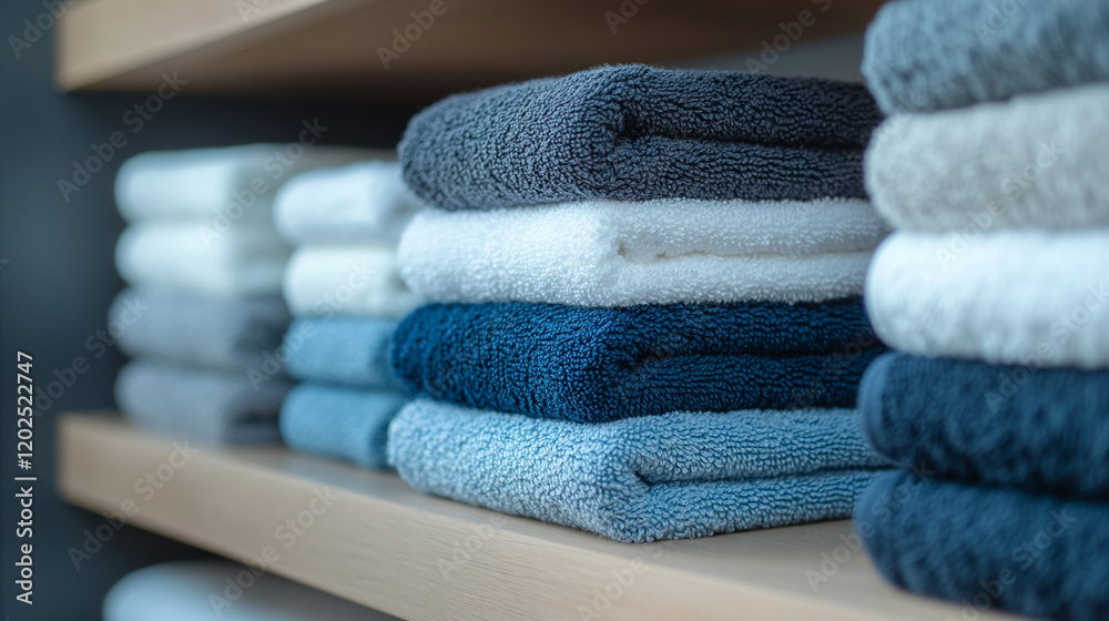 A neatly folded towel stack on a shelf with modern blurred background and empty caption space on the side conveying order, calmness, and cleanliness in a minimalistic setting
