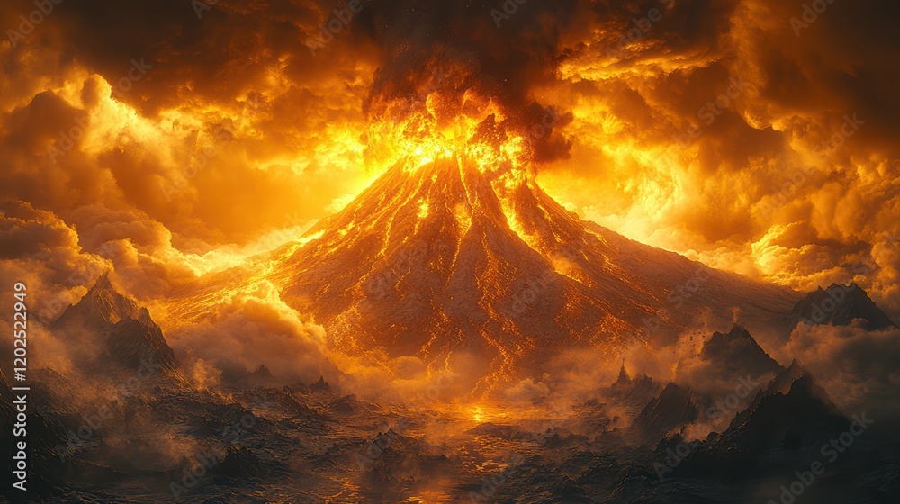 Volcano erupting with a large plume of ash rising into the sky. The eruption is captured in a dramatic image Volcano erupting with a large plume of ash rising into the sky. The eruption is captured in a dramatic image