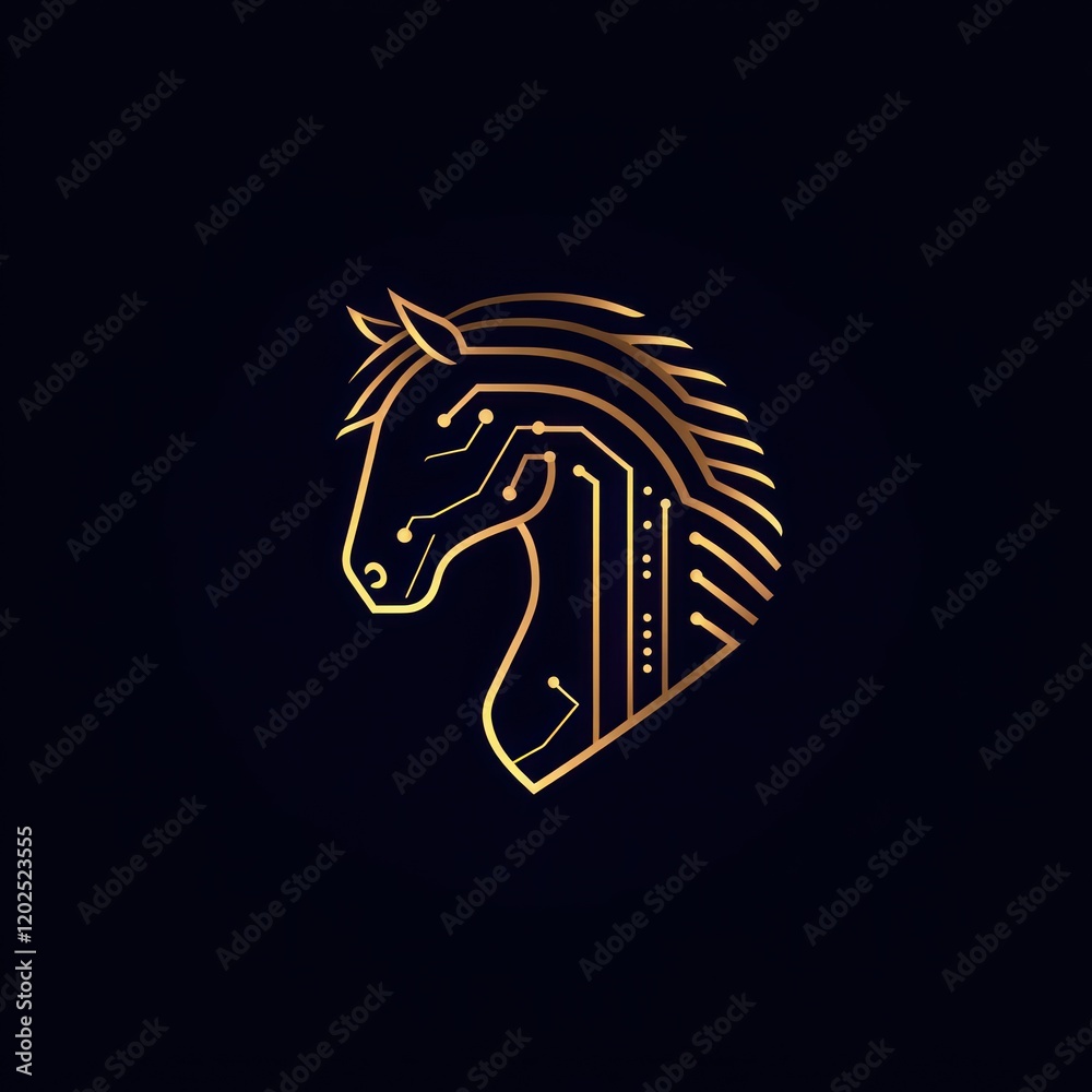 Geometric horse head with golden circuit pattern on dark background for tech designs Geometric horse head with golden circuit pattern on dark background for tech designs