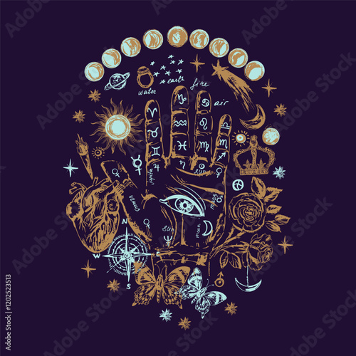 Hand drawn palm with astrological symbols, moon, sun, planets, stars, flowers. Chiromancy palm, palmistry background