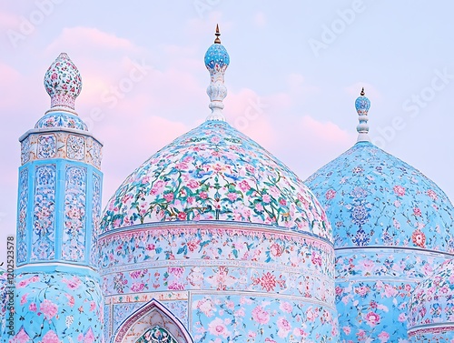 Ornate Blue Domes Floral Mosque Architecture photo