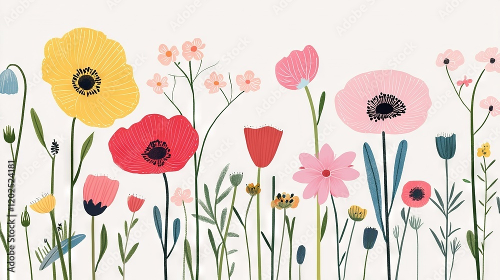 Fototapeta premium A painting depicting a field of flowers, with a bee at the center surrounded by blooms