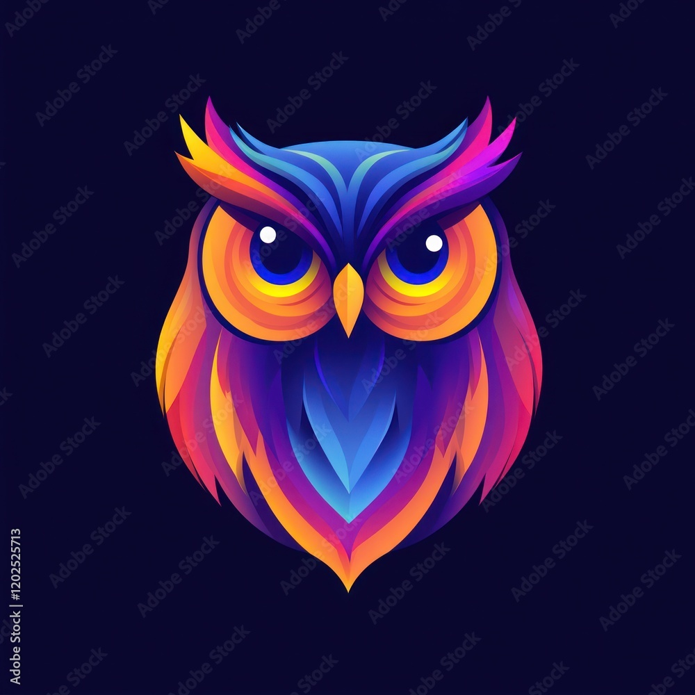 Fototapeta premium Colorful owl portrait, vibrant plumage, dark background, graphic design use
