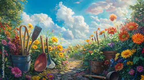 Amidst the vibrant tapestry of a sunlit meadow, a medley of gardening implements and vibrant blooms form a harmonious symphony of nature's artistry. Harmonious Nature Symphony. Illustration photo