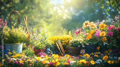 Amidst the vibrant tapestry of a sunlit meadow, a medley of gardening implements and vibrant blooms form a harmonious symphony of nature's artistry. Harmonious Nature Symphony. Illustration photo