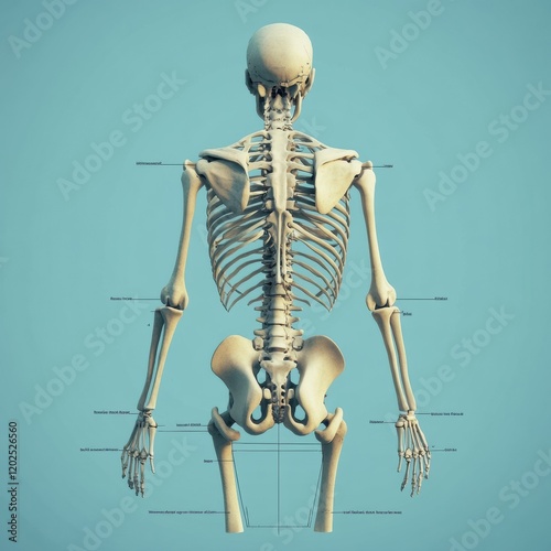 Detailed view of human skeleton anatomy from the back showing major bones and structure for educational purposes. Generative AI