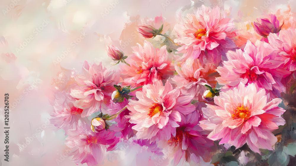 Delicate pink dahlias in a soft-focus floral arrangement, a harmonious symphony of petals and light. Harmonious Nature Symphony. Illustration Delicate pink dahlias in a soft-focus floral arrangement, a harmonious symphony of petals and light. Harmonious Nature Symphony. Illustration