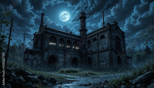 Abandoned factory under eerie full moonlight in a foggy setting photo