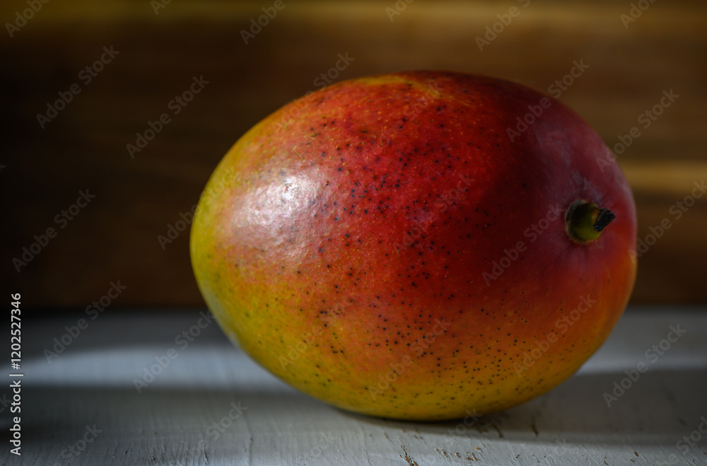 Fresh mango resting on a rustic wooden table illuminated by soft natural light Fresh mango resting on a rustic wooden table illuminated by soft natural light