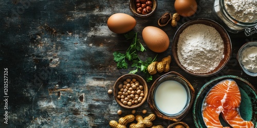 Diverse allergy-inducing foods on rustic surface