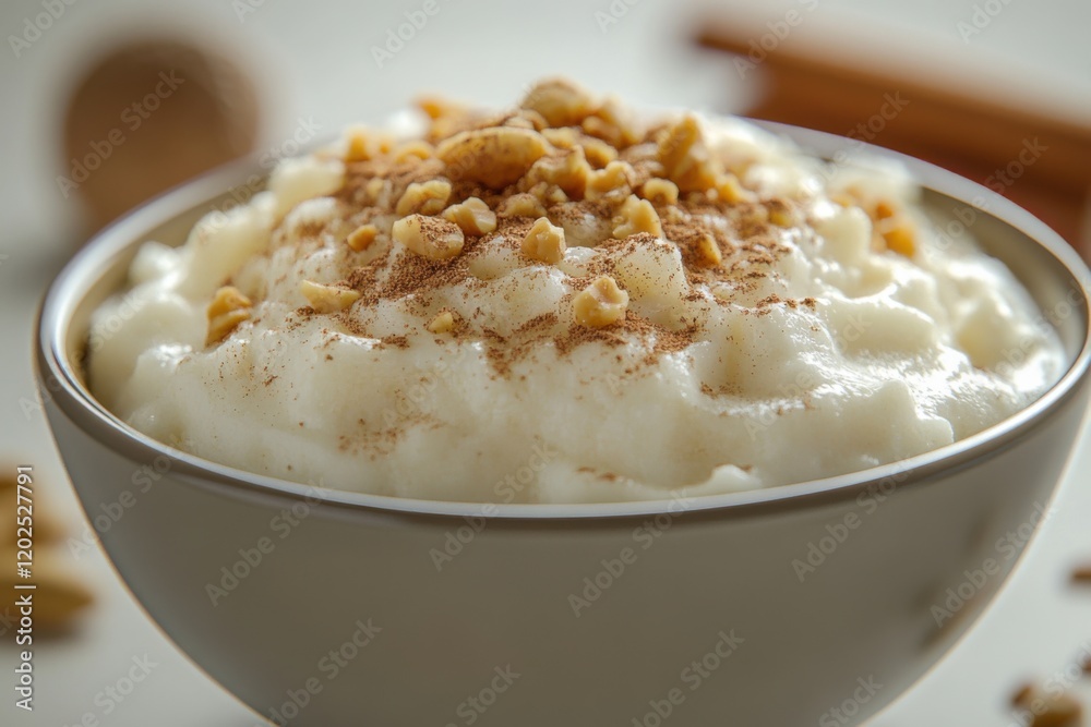 Rice pudding in a bowl. Featuring a bowl of creamy rice pudding. Highlighting comforting and sweet dessert. Ideal for culinary and dessert visuals.