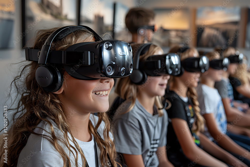 Students experiencing virtual reality technology in modern classroom setting, wearing VR headsets for immersive educational experience. Focus on engaged learners using innovative teaching tools. Students experiencing virtual reality technology in modern classroom setting, wearing VR headsets for immersive educational experience. Focus on engaged learners using innovative teaching tools.