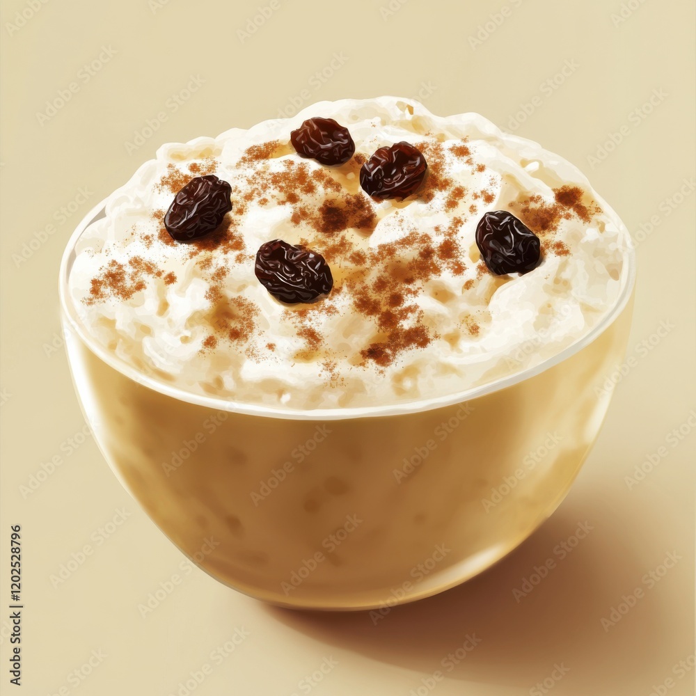 Rice pudding with raisins and a sprinkle of cinnamon. Featuring a creamy and sweet dessert. Highlighting the texture and flavors of the pudding. Ideal for dessert and culinary themes. Rice pudding with raisins and a sprinkle of cinnamon. Featuring a creamy and sweet dessert. Highlighting the texture and flavors of the pudding. Ideal for dessert and culinary themes.