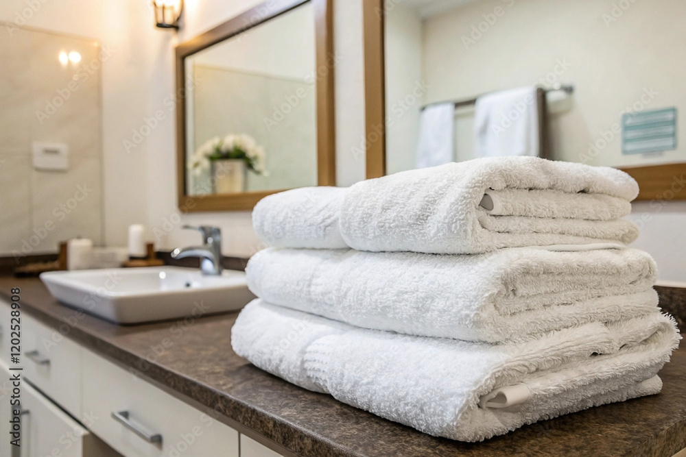 Folded white towels on bathroom counter, modern spa Folded white towels on bathroom counter, modern spa